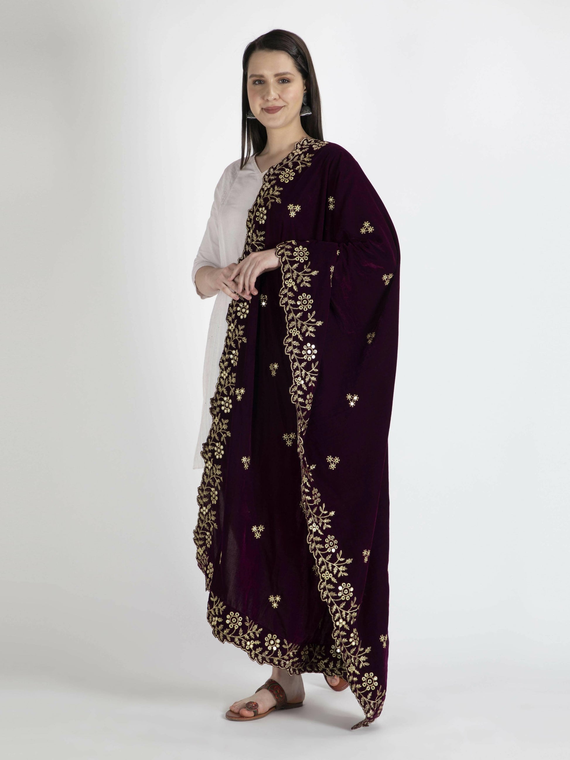 Brown Embroidered Velvet Shawl Dupatta For Women - HalfPe