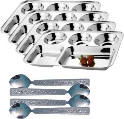 SHINI LIFESTYLE Steel Bhojan Thal 5 column,Super Premium Quality Dinner Plate 4pc with SpoonSet Dinner Plate (Pack of 8) - HalfPe