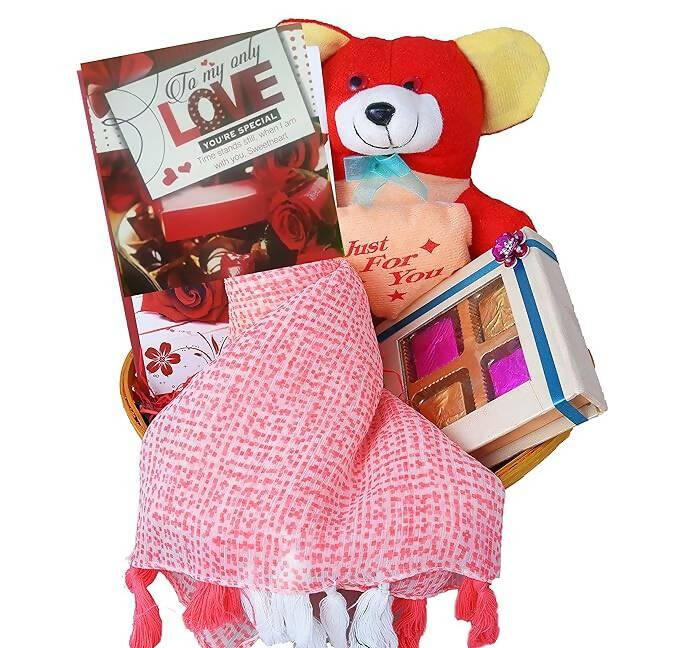 Valentines day gift for Valentines gift-Chocolates in a decorated box+ladies stole+Teddy Bear+Valentines day greeting card - HalfPe