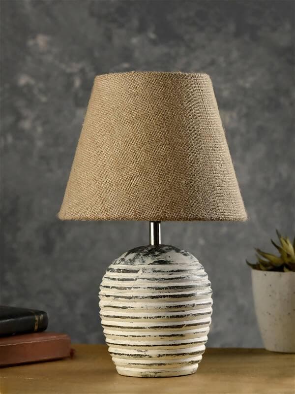 Striped Wooden White Lamp With Brown Jute Shade - HalfPe