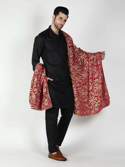 Red and Gold Paisley Patterned Embroidered Velvet Shawl - HalfPe