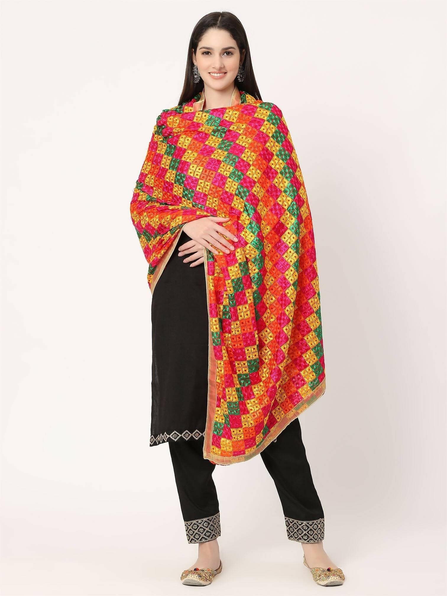 Red Mullticolour Embroidery Phulkari Dupatta - HalfPe