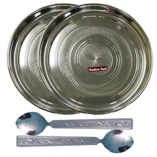 SHINI LIFESTYLE Stainless Steel Plate, 30cm Dinner Plate 2pc with Spoon Set (4) - HalfPe