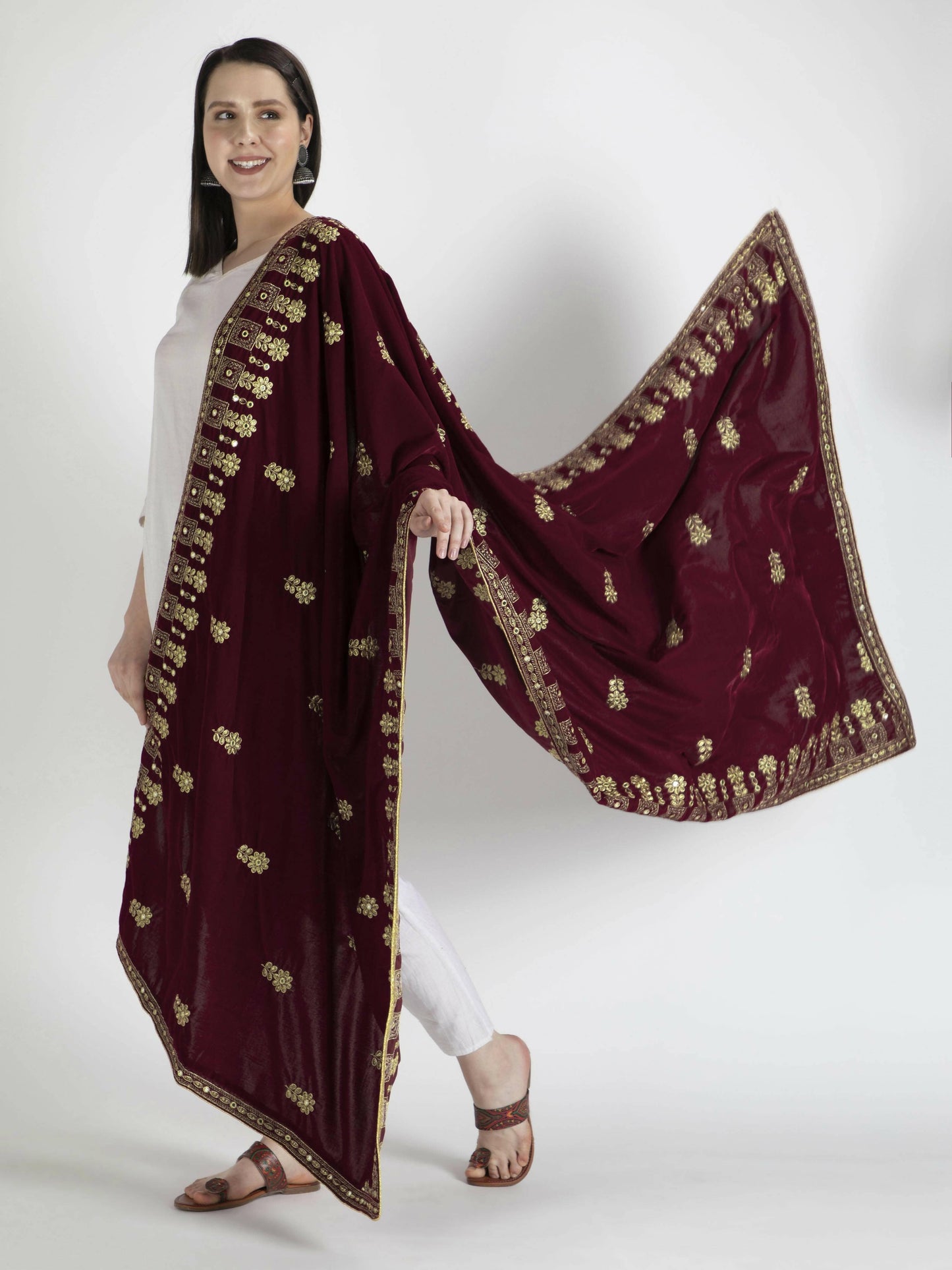 Velvet Shawl Dupatta (Maroon Embroidered ) - HalfPe