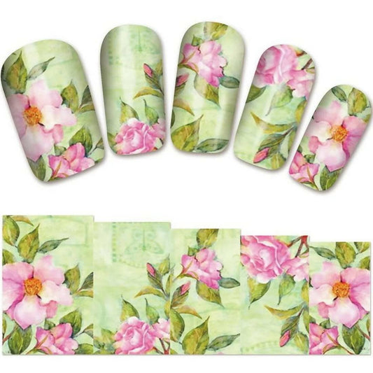 SENECIO Pink Pistachio Color Floral YZW-1420 NailArt Manicure Decal Water Transfer Sticker (2 Sheets) - HalfPe