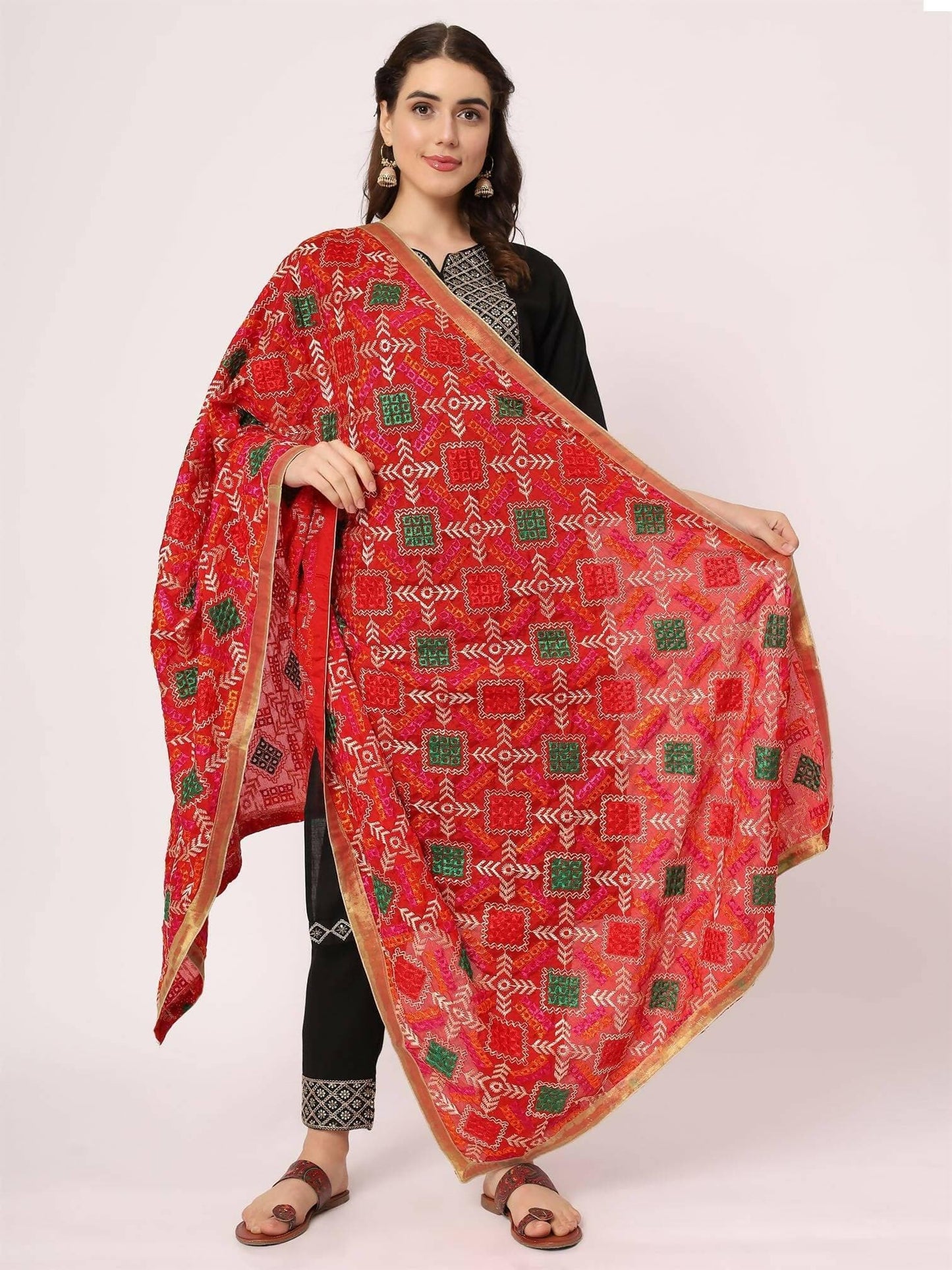 Embroidery Phulkari Red Multicolour Dupatta - HalfPe