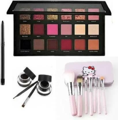 Bingeable Long Lasting Kajal& Rose Eye Shadow Palette& Black,Brown Music Flower Gel Eyeliner& 7 Pcs Makeup Brush With Storage Box (4 Items in the set) - HalfPe