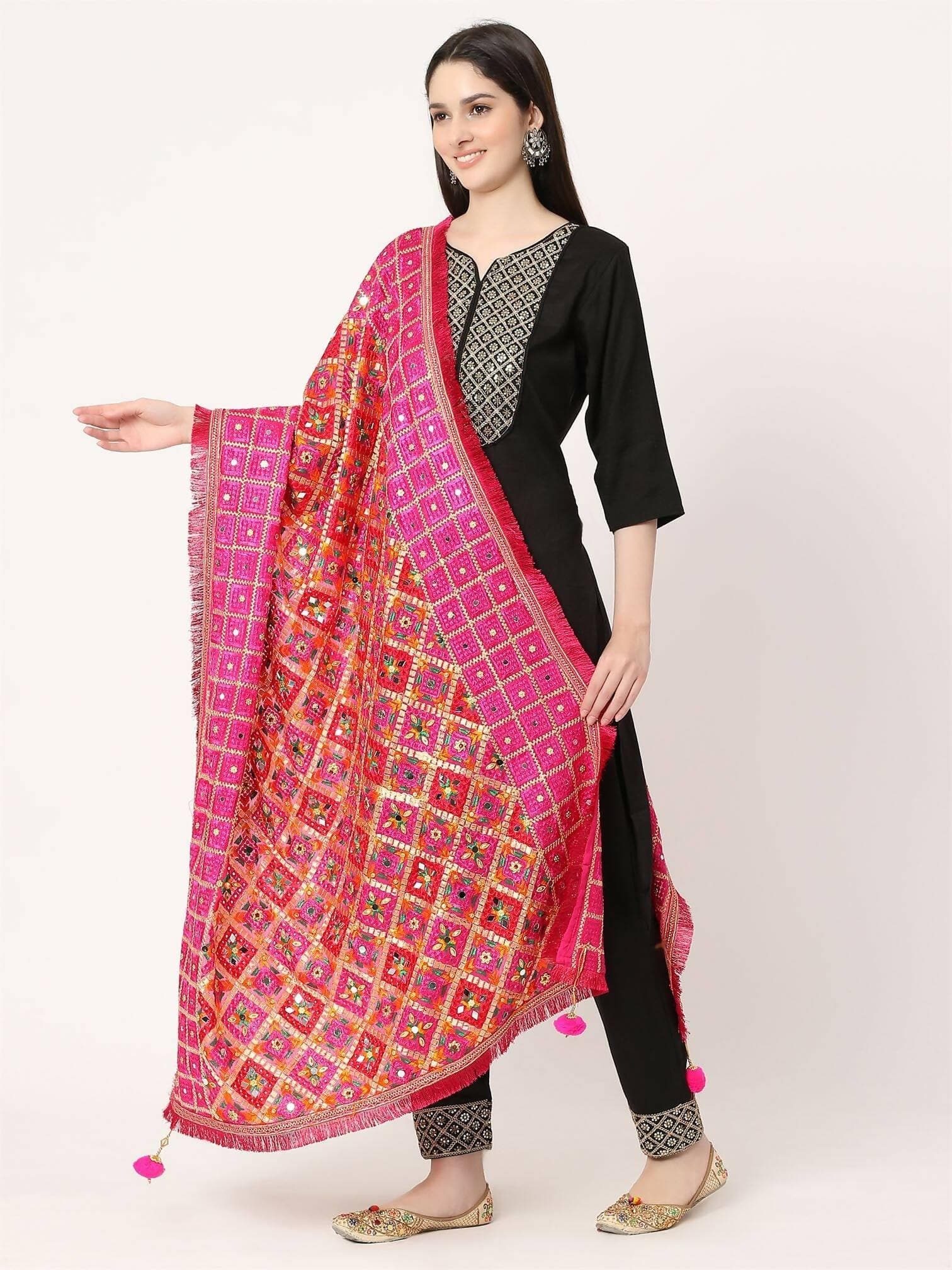 Magenta Mullticolour Embroidery Phulkari Dupatta with Mirror - HalfPe