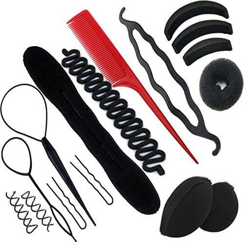 SENECIO Topsy Tail Donut Princess Puff Bun Maker With Red Scented Comb 16pc Hair Accessory Set - HalfPe