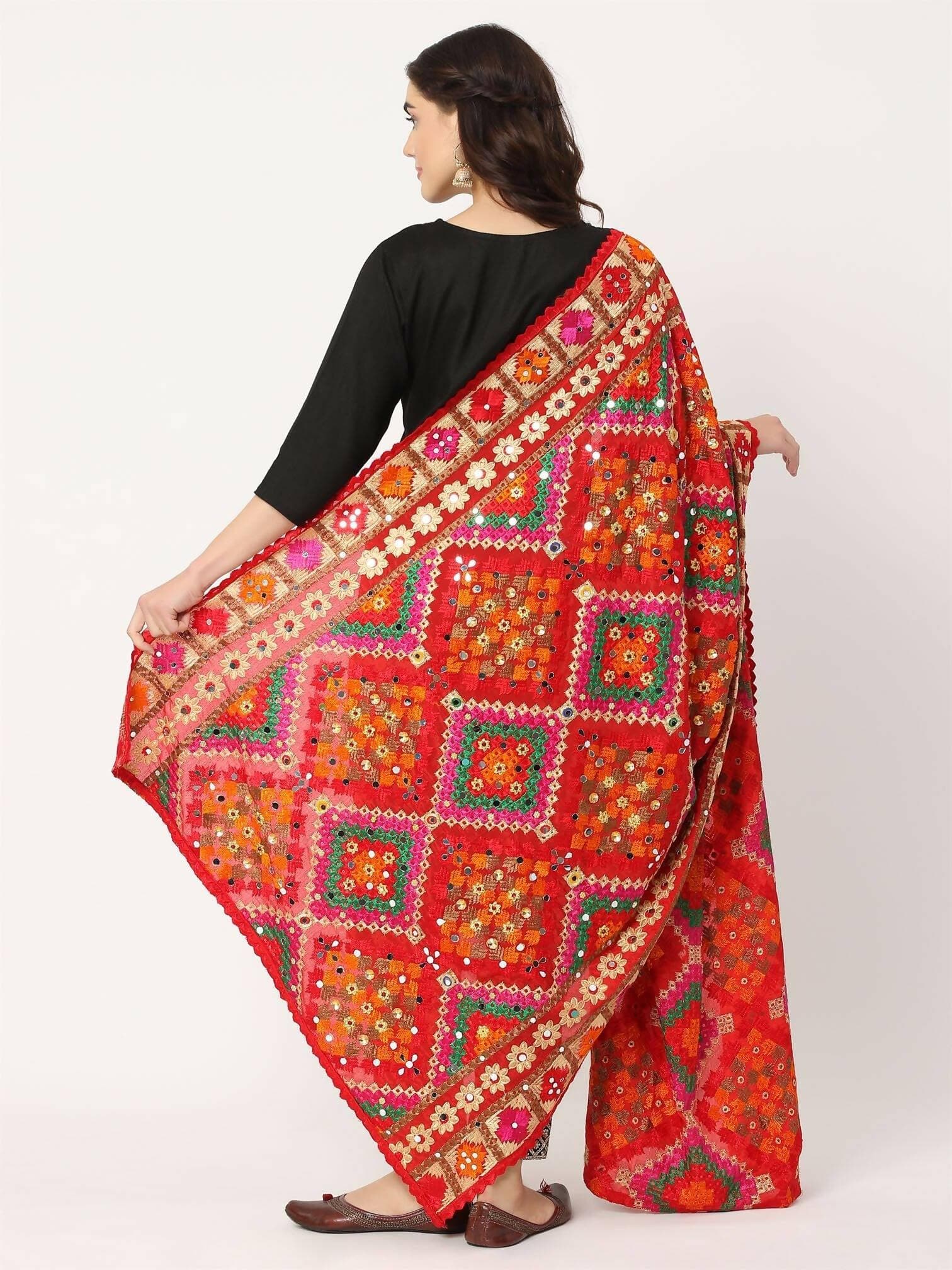 Red Multicolour Embroidery Phulkari Dupatta WIth Mirror Work - HalfPe