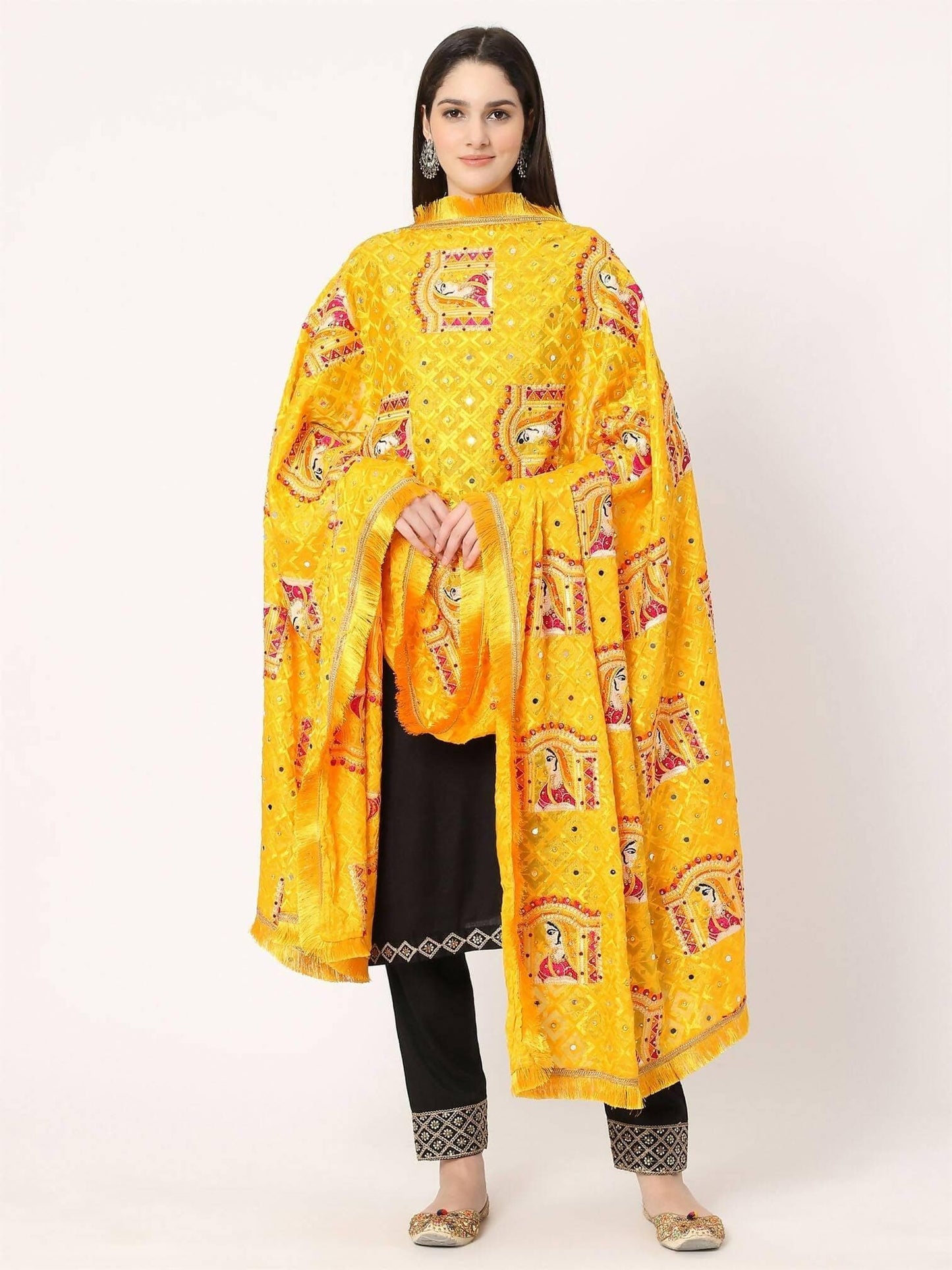 Doli Design Yellow Multicolour Embroidery Phulkari Dupatta with Beads - HalfPe