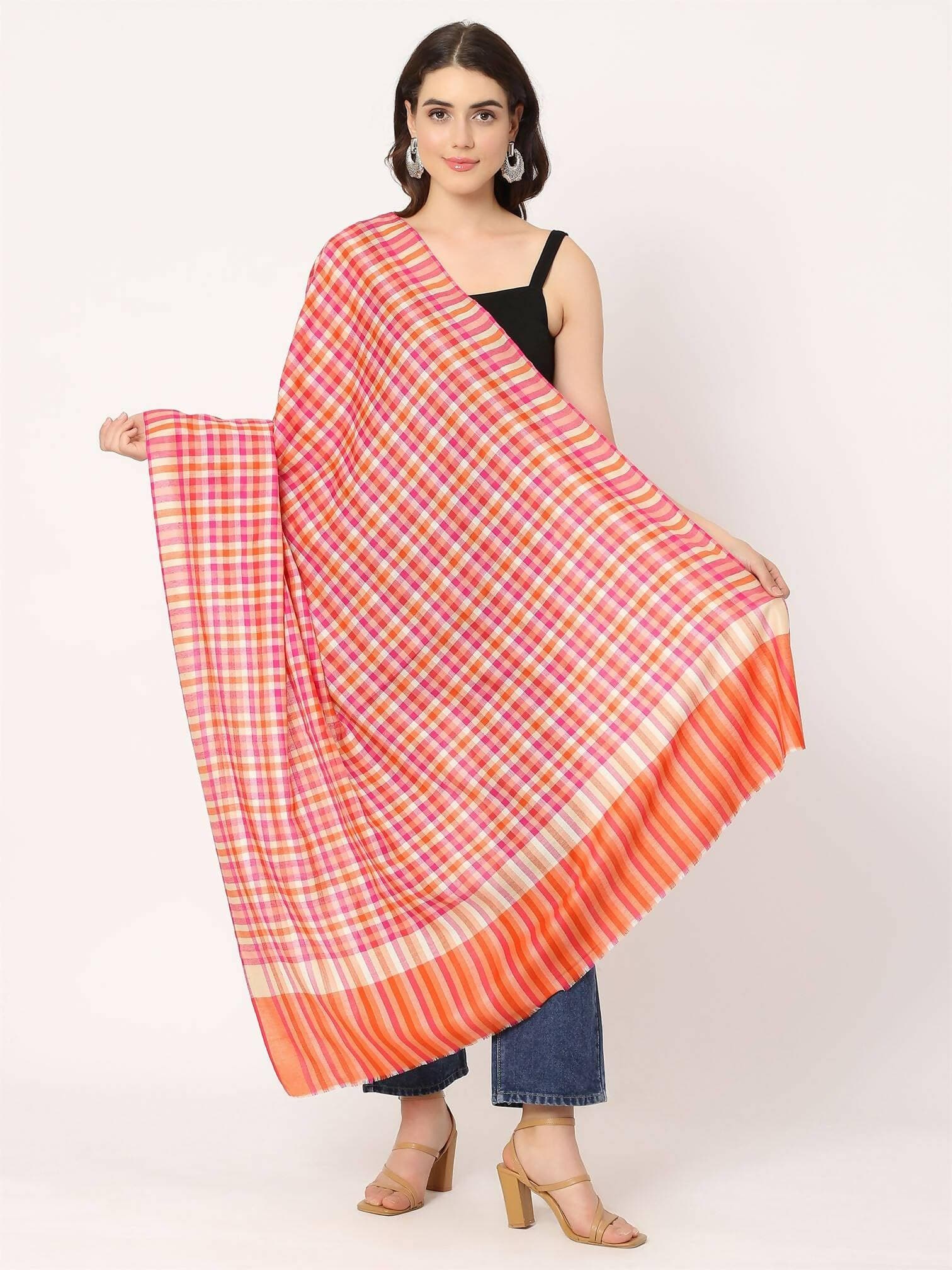 Peach Pink Multicolour Check Shawl for women - HalfPe