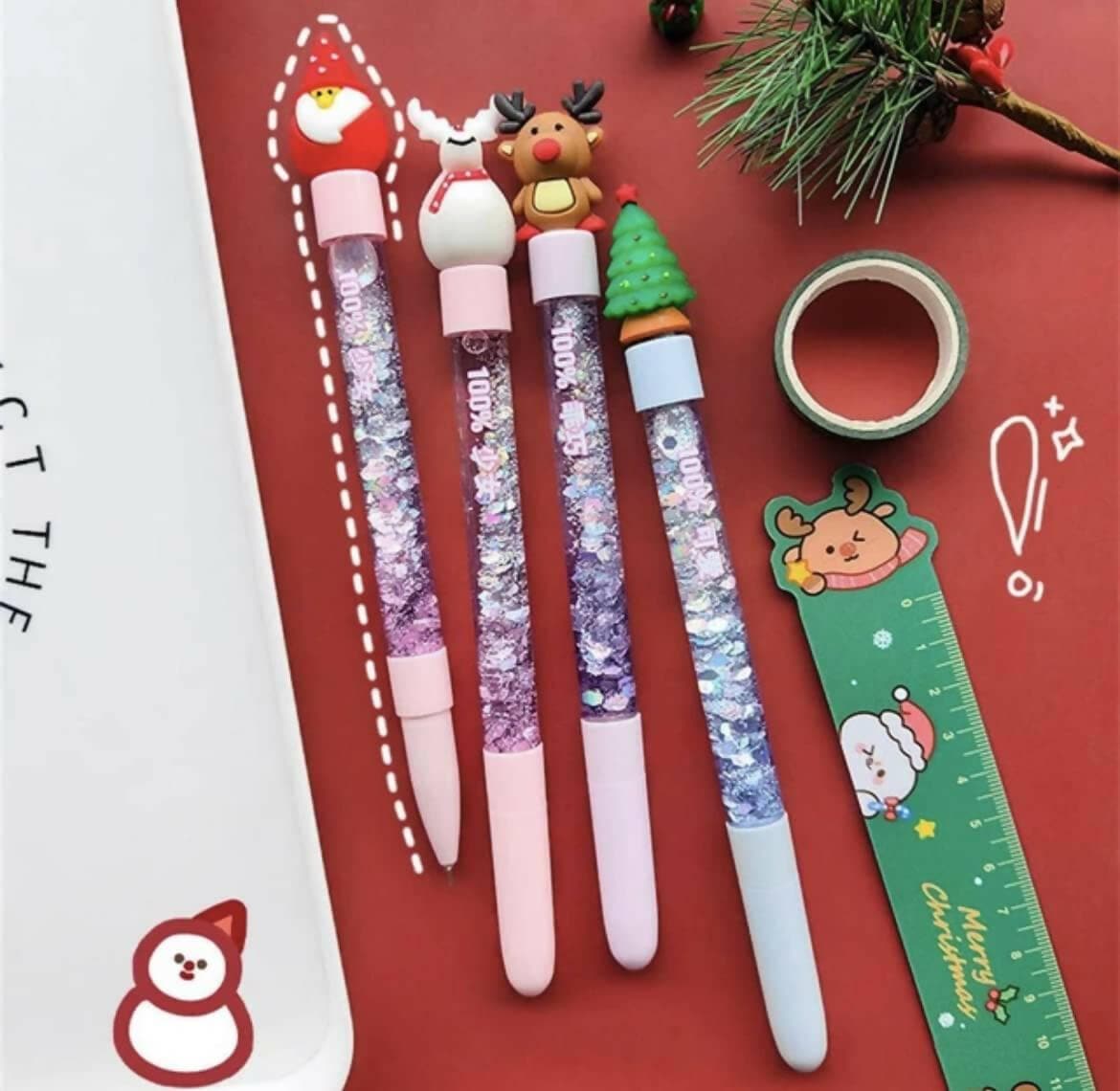 Le Delite Santa Claus Christmas Tree Reindeer Snowman Candy Shaped Pen Xmas Theme Water Glitter Gel Pens(Pack of 4) - HalfPe