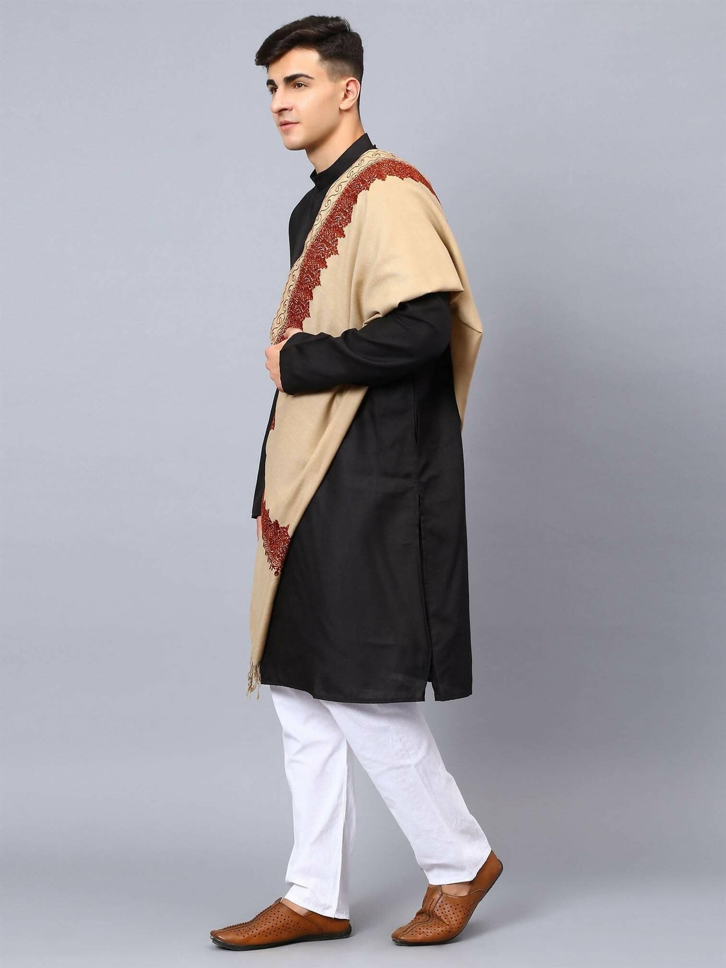 Light Brown Base and Dark Brown Embroidered Stole - HalfPe