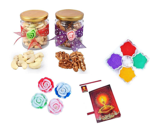 MANTOUSS Diwali Dry Fruit Decorative Glass Jar-Cashew and Walnut(100gms Each),200 GMS + 2 Floating Diya, Diwali Greeting Card and Rangoli Colours - HalfPe