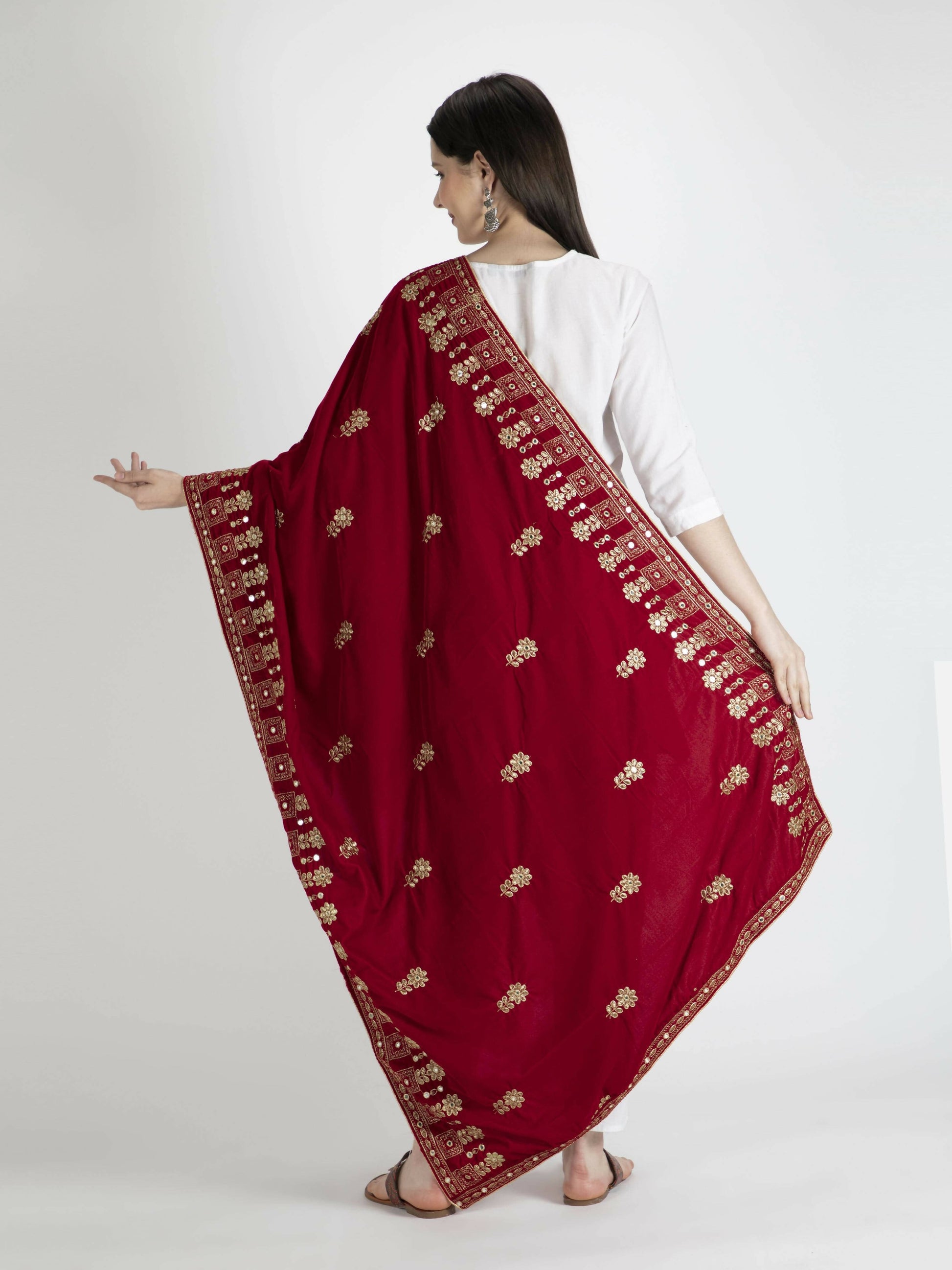 Embroidered Velvet Shawl Dupatta (dark red) - HalfPe