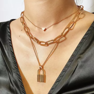 Pinapes Stainless Steel Layered Portrait Lock Pendant Chunky Thick Cuban Link Chains Choker Necklaces for Women - HalfPe