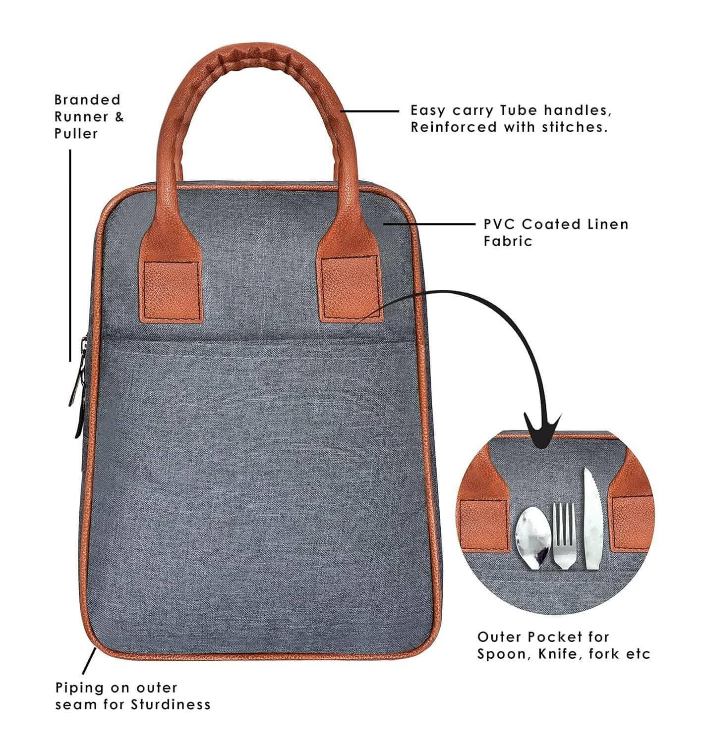 LOREM Grey Linen Textured Insulated Tiffin Bag/Lunch Bag - HalfPe