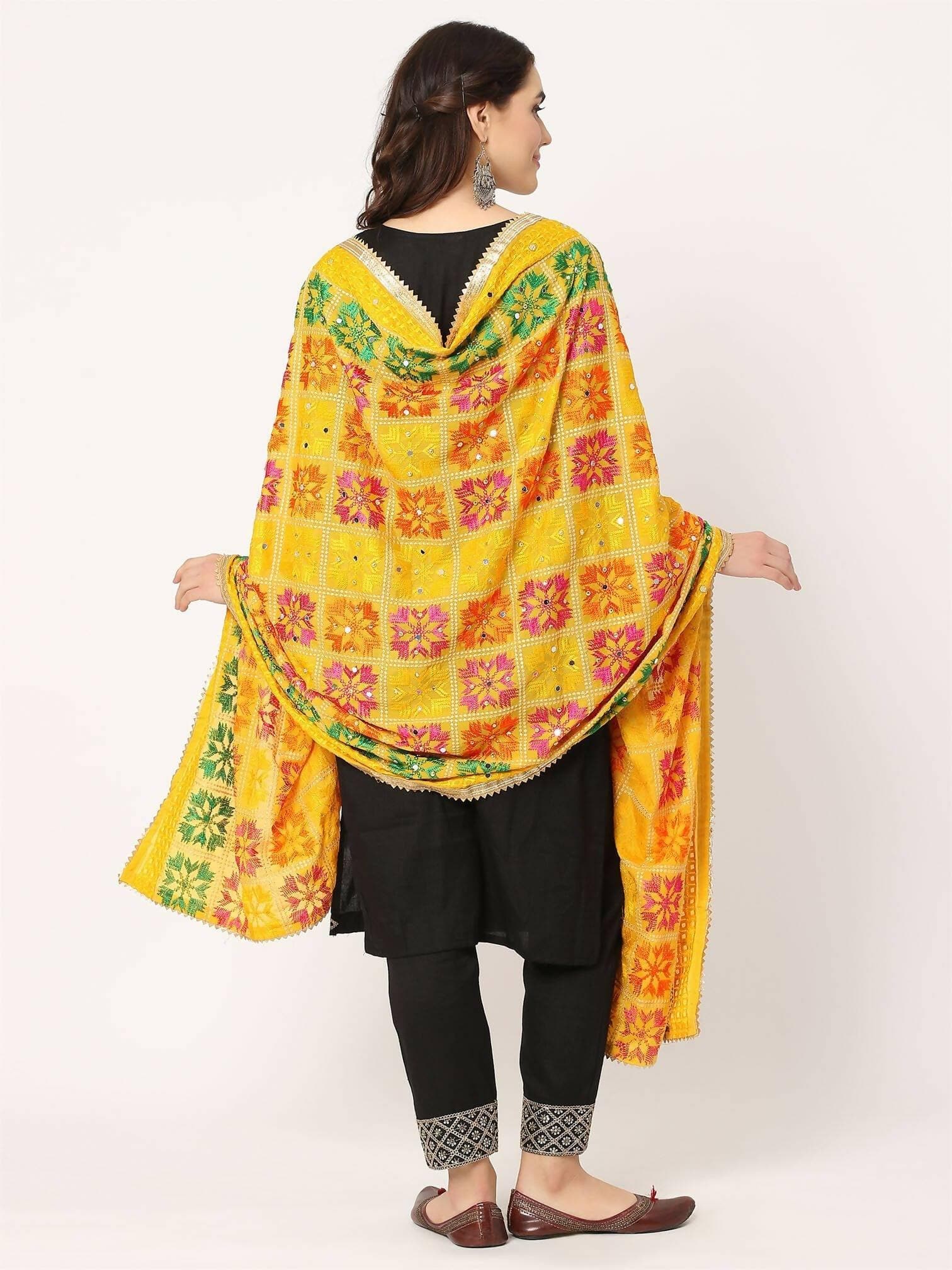 Multicolour Embroidery Phulkari Dupatta with Mirror Work ( Yellow) - HalfPe