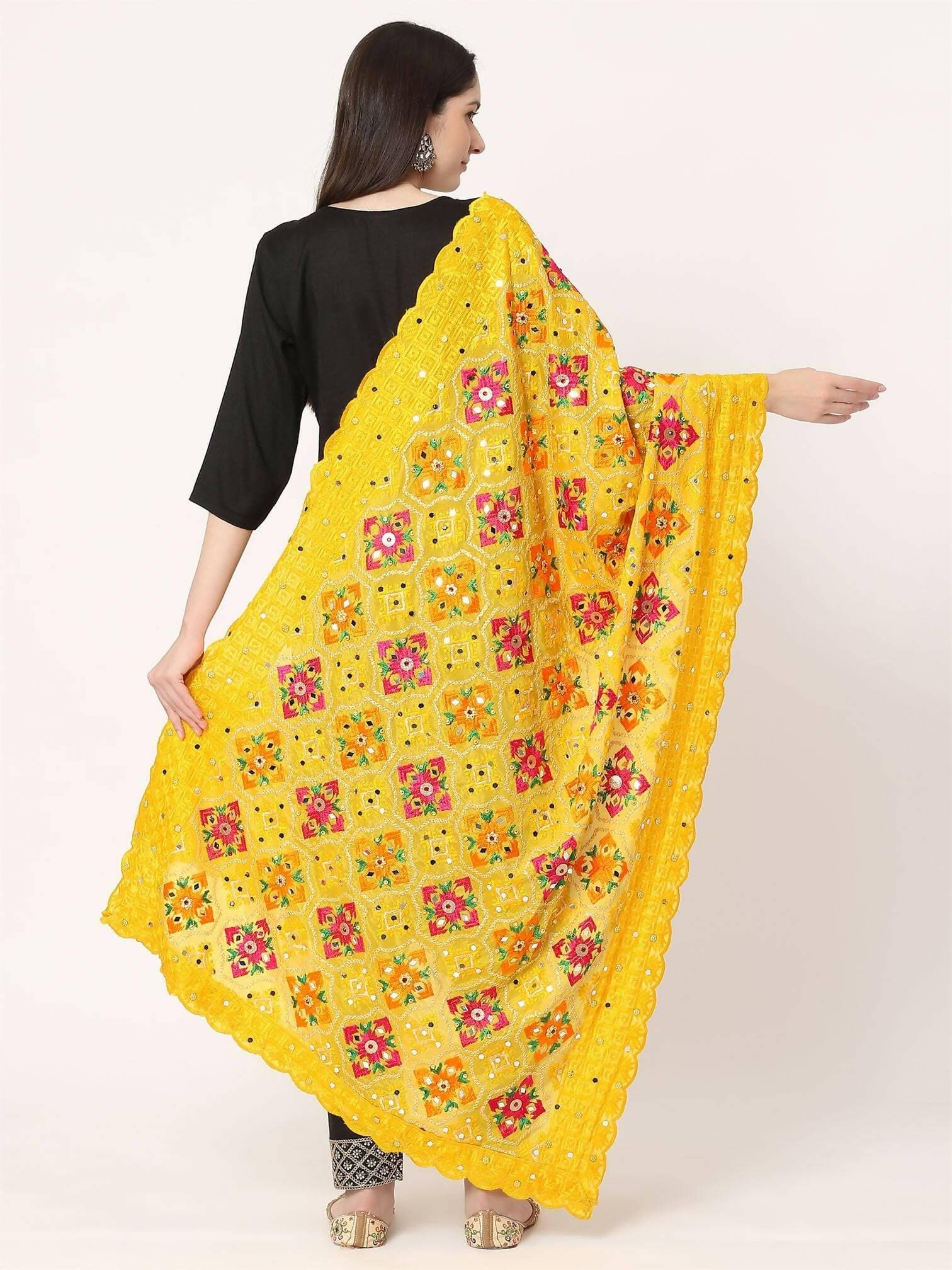 Yellow Multicolour Embroidery Phulkari Dupatta with Beads - HalfPe