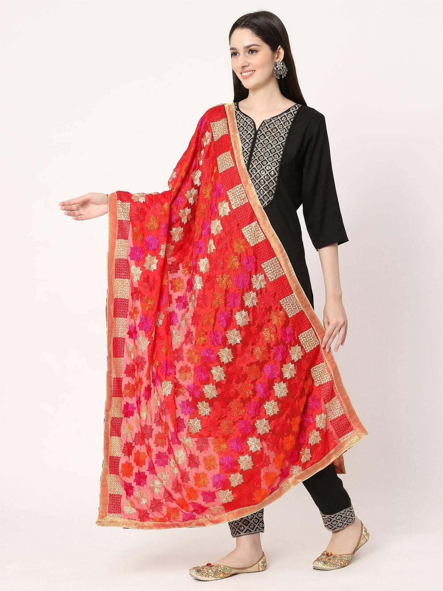 Red Mullticolour Embroidery Phulkari Dupatta - HalfPe