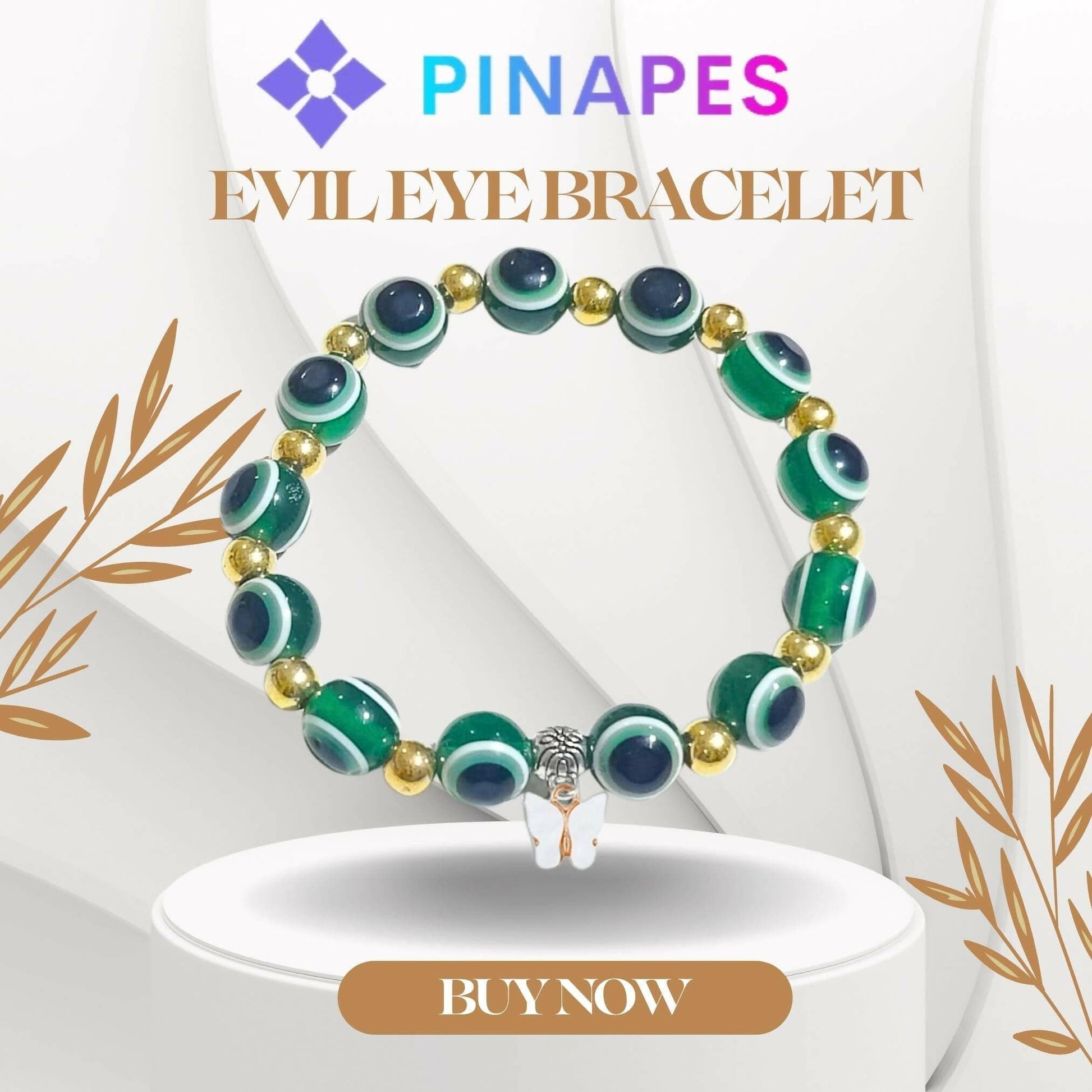 Pinapes Butterfly Beads and Evil Eye Charm Bracelet A Must-Have for Fashionable and Superstitious Women with white butterfly (dark green) - HalfPe