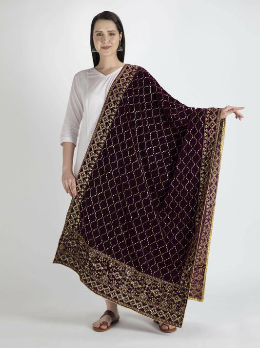 Brown Embroidered Shawl Dupatta For Women - HalfPe