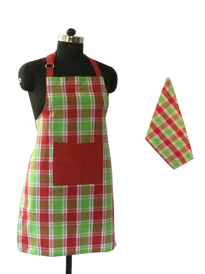 Lushomes Checks Red and Green Kitchen Cooking Apron Set for Women, apron for men, cooking aprons for women, kitchen apron for men, aprons, aprin (2 Pc Set, Kitchen T 40 x 60 cm, Apron 60 x 80 cms) - HalfPe