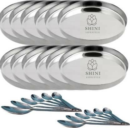 SHINI LIFESTYLE Steel Lunch/ Bhojan thali, Khumcha thali, Dinner plate 12pc with Table Spoon Set Dinner Plate (Pack of 24) - HalfPe