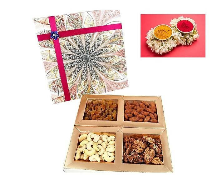 MANTOUSS Pongal/Makar Sankranti Mixed Dry Fruit Box-Cashew,Almond,Walnut and Raisin (50gms Each) 200gms + Haldi Kumkum - HalfPe