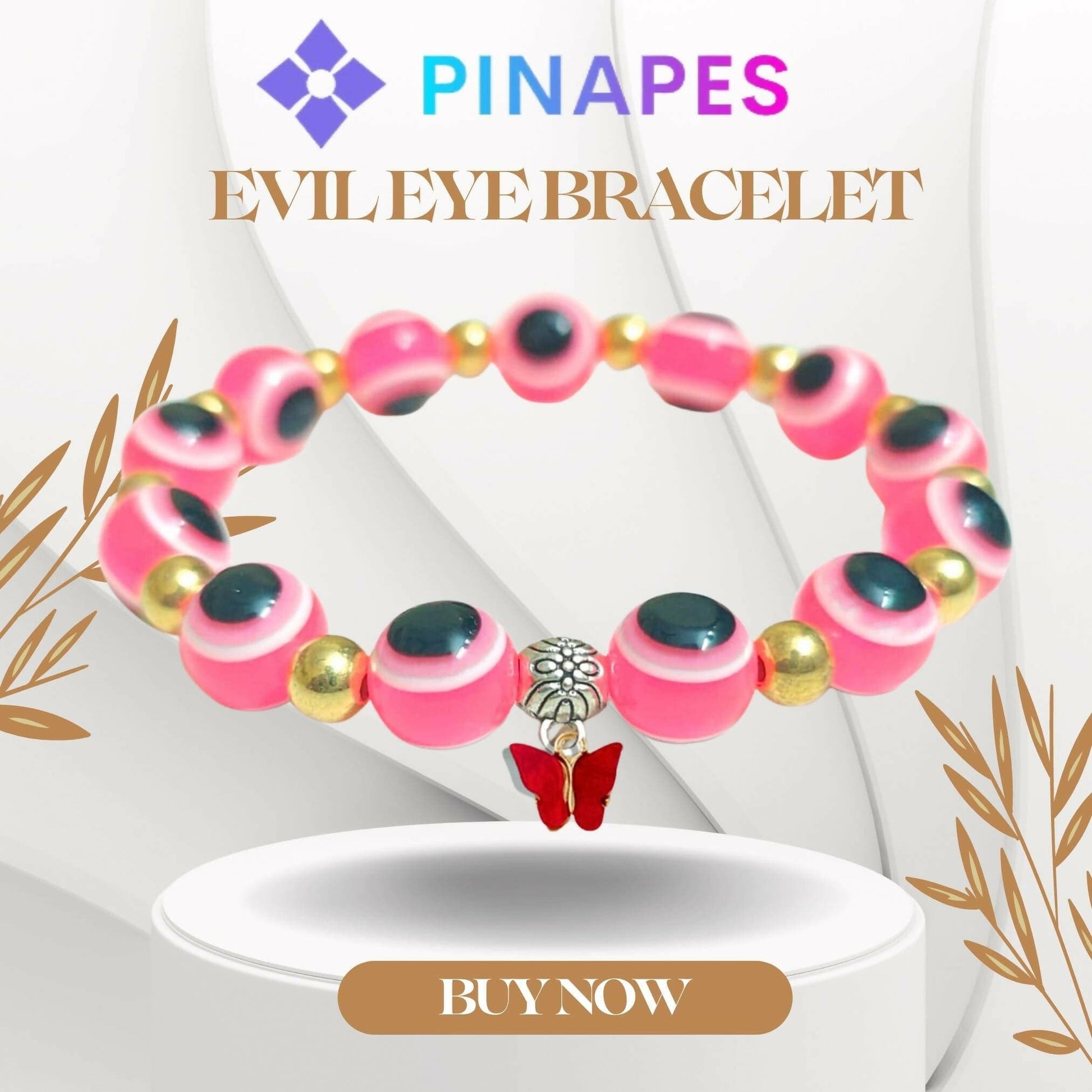 Pinapes Butterfly Beads and Evil Eye Charm Bracelet A Must-Have for Fashionable and Superstitious Women with red butterfly (pink) - HalfPe