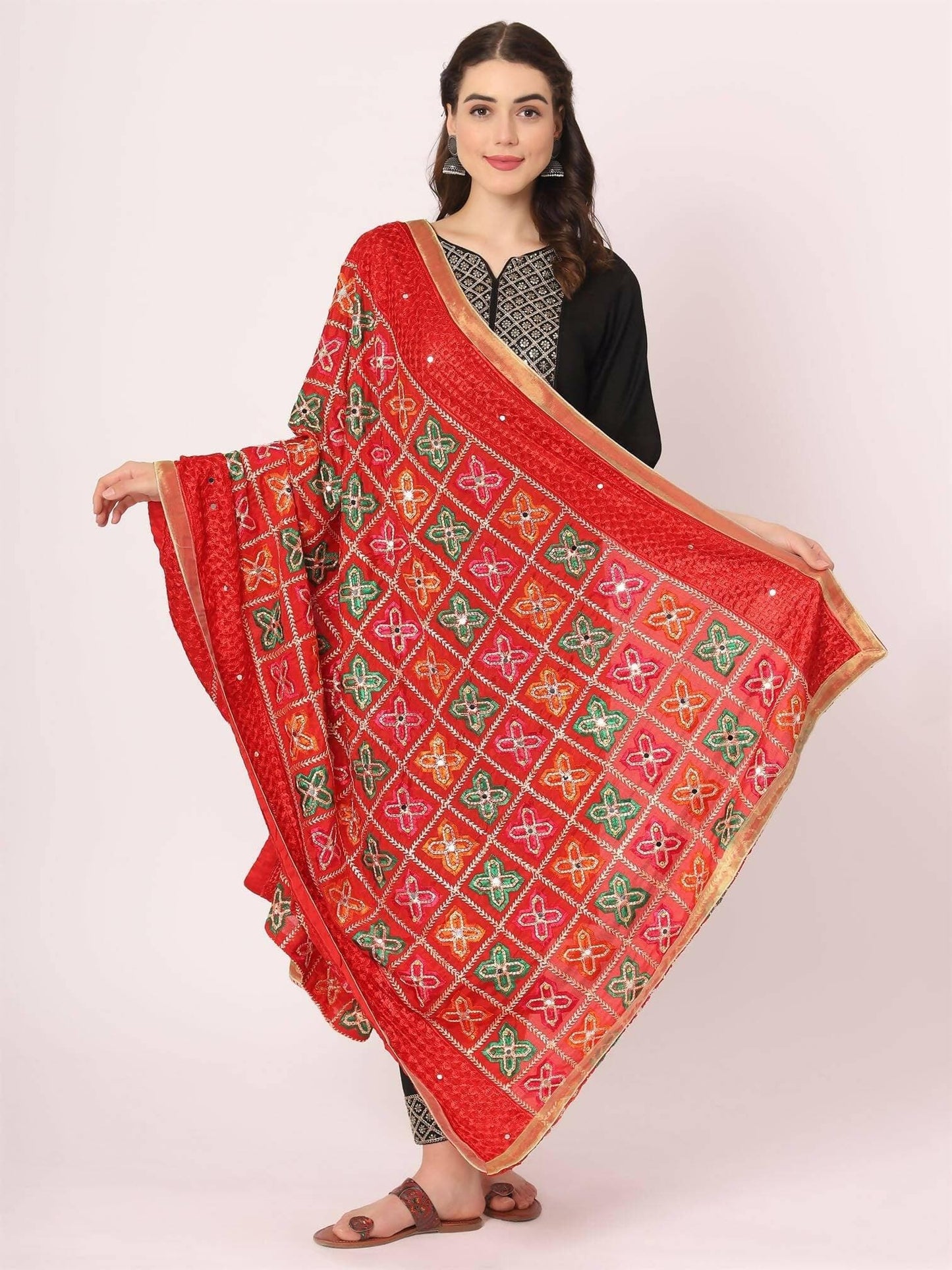 Red Embroidery Phulkari Dupatta With Mirror Work - HalfPe