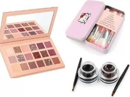 Bingeable Nude Edition Eyeshadow Palette 18 (Multi color)& 7 Pcs Makeup Brushes& Music Flower Gel Eyeliner - HalfPe