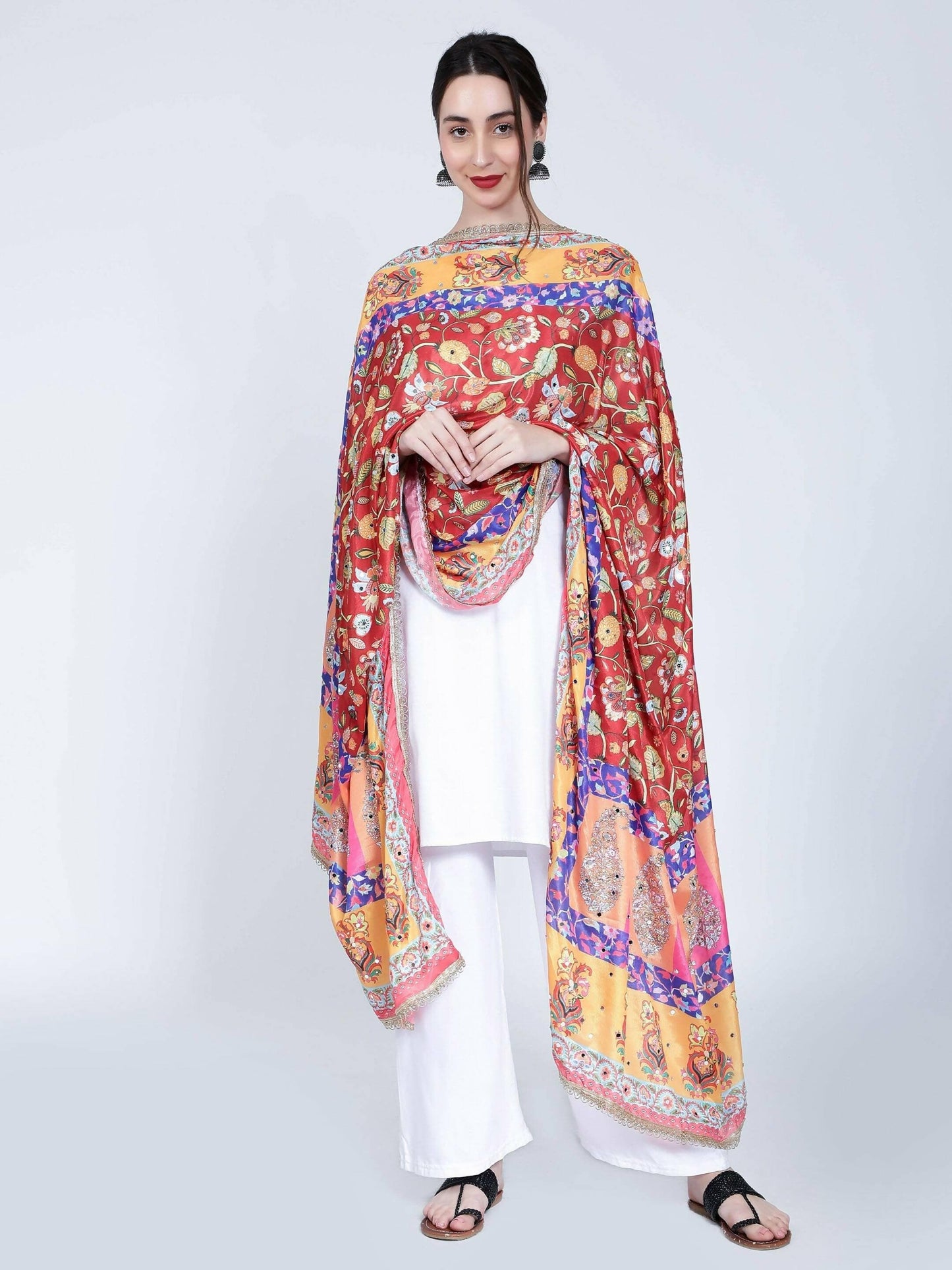 Chiffon Digital Multicolour Print Pakistani Dupatta with Mirror Work - HalfPe