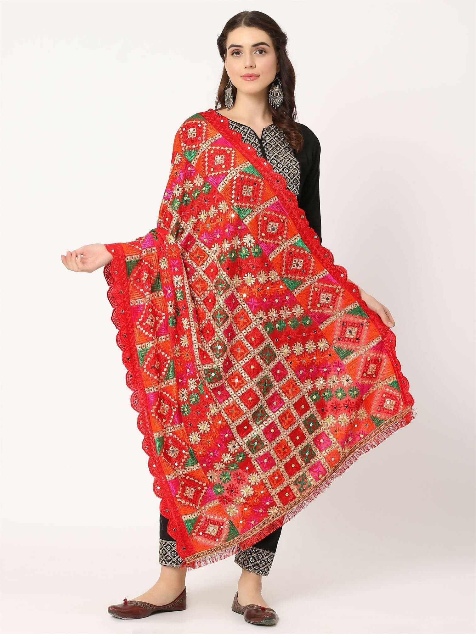 Red Check Design Mullticolour Embroidery Phulkari Dupatta with Beads - HalfPe