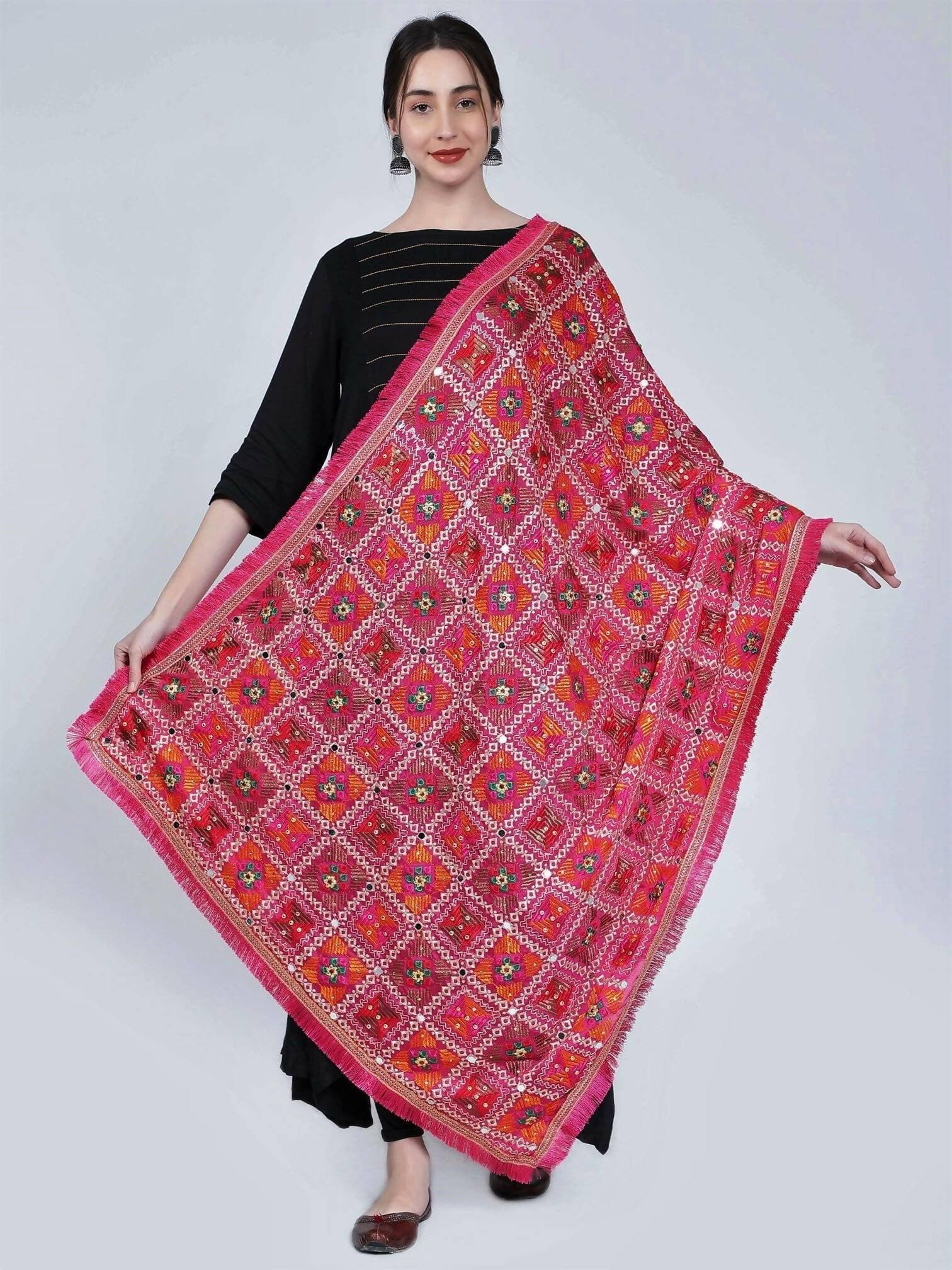 Phulkari Dupatta - Magenta Green Orange with mirror work (multi-color design) - HalfPe