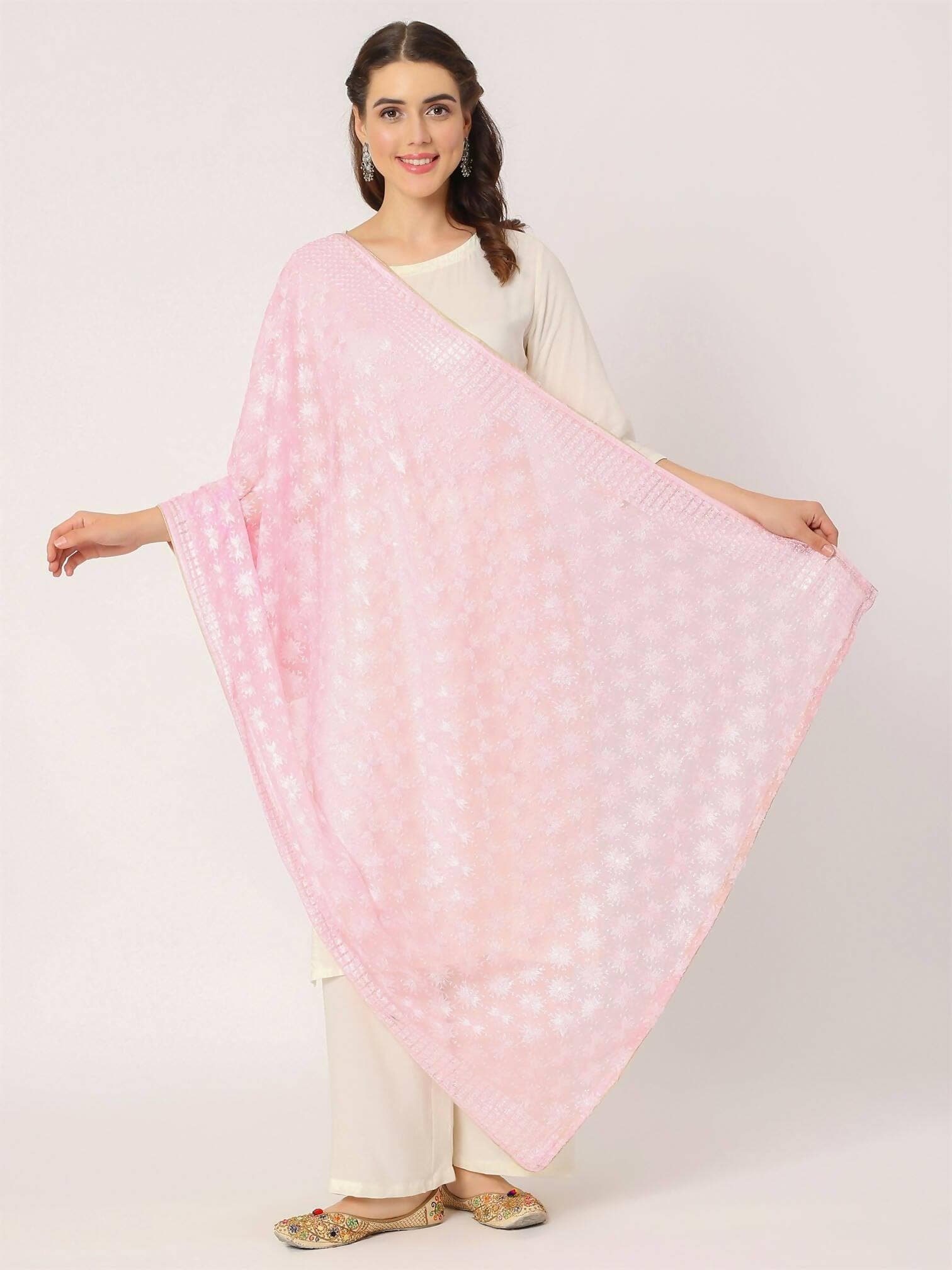 Baby Pink Sequined Phulkari Embroidery Dupatta - HalfPe