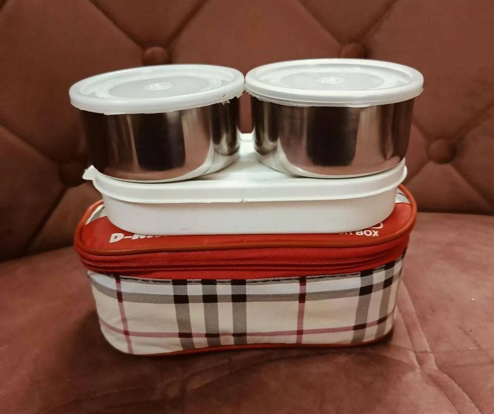 Check Bag tiffin with 2steel containers and 1 plastic chapati box (assorted design) - HalfPe