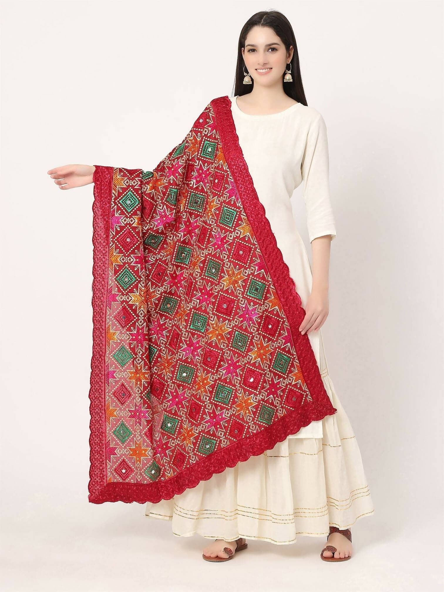 Maroon Multicolour Embroidery Phulkari Dupatta with Mirror Work - HalfPe