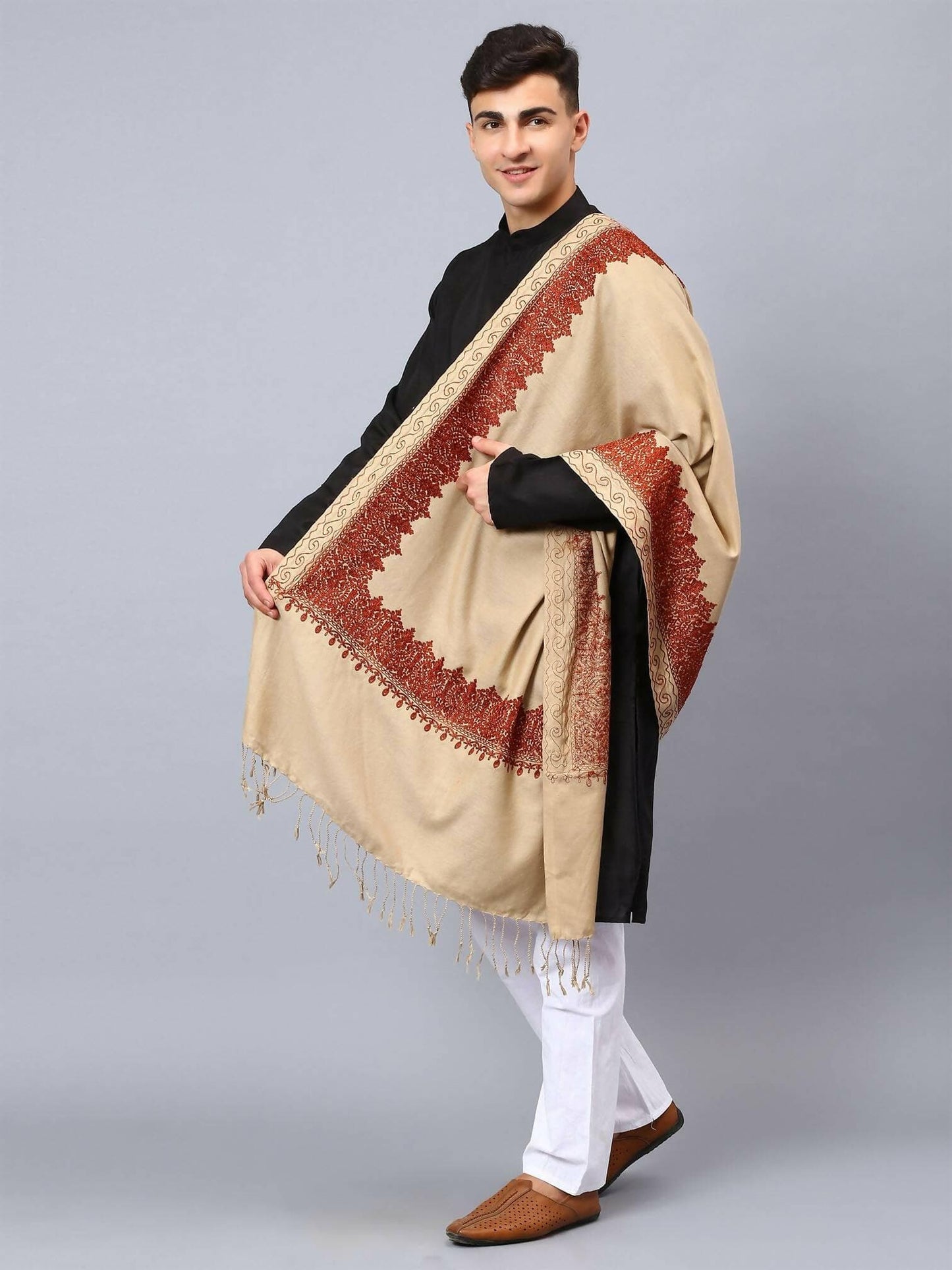 Light Brown Base and Dark Brown Embroidered Stole - HalfPe