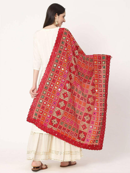 Multicolour Embroidery Phulkari Dupatta With Pearls (marron) - HalfPe