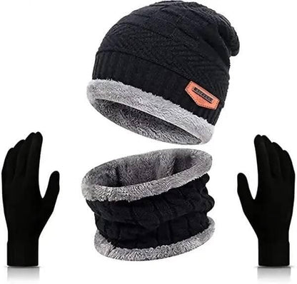 Woven Black-Winter Woolen Beanie Cap Scarf And Touchscreen Gloves Set For Men And Women Stretch Warm Winter Cap (Pack of 3) - HalfPe