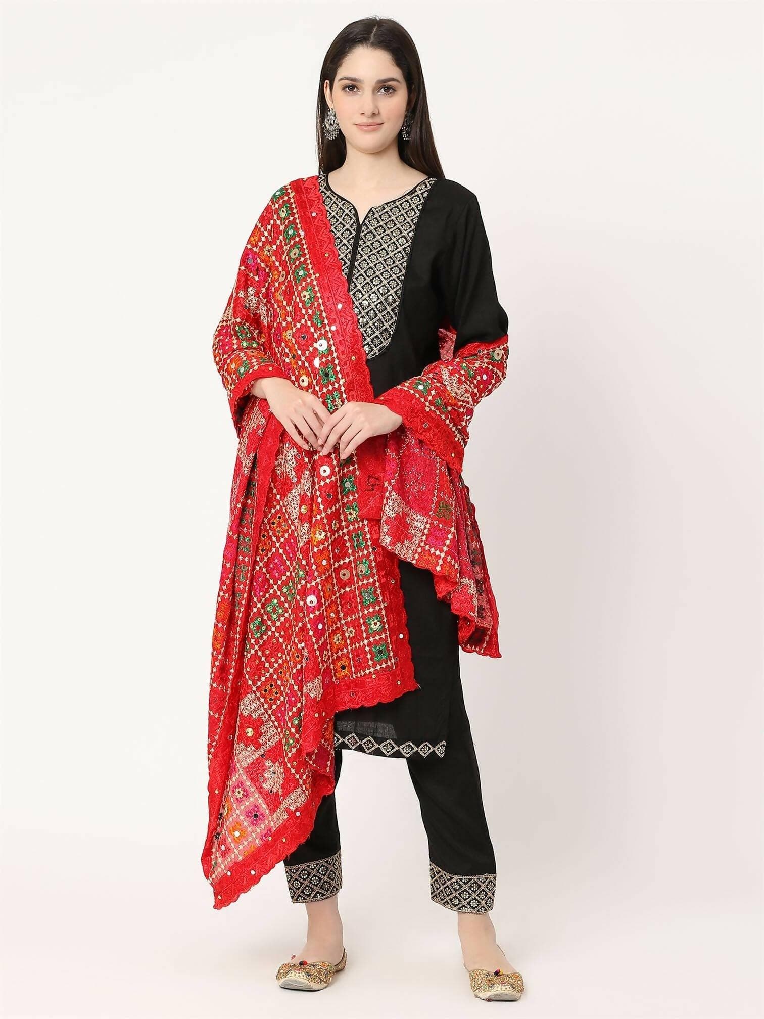 Multicolour Embroidery Phulkari Dupatta With Pearls (red) - HalfPe