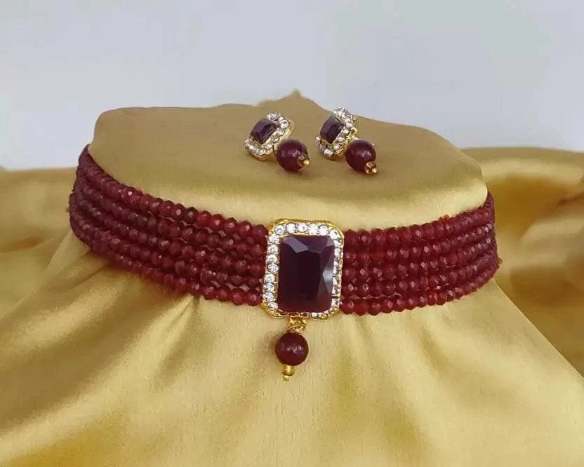 Alloy maroon jewel necklace with earring set | MANATH - halfpeapp