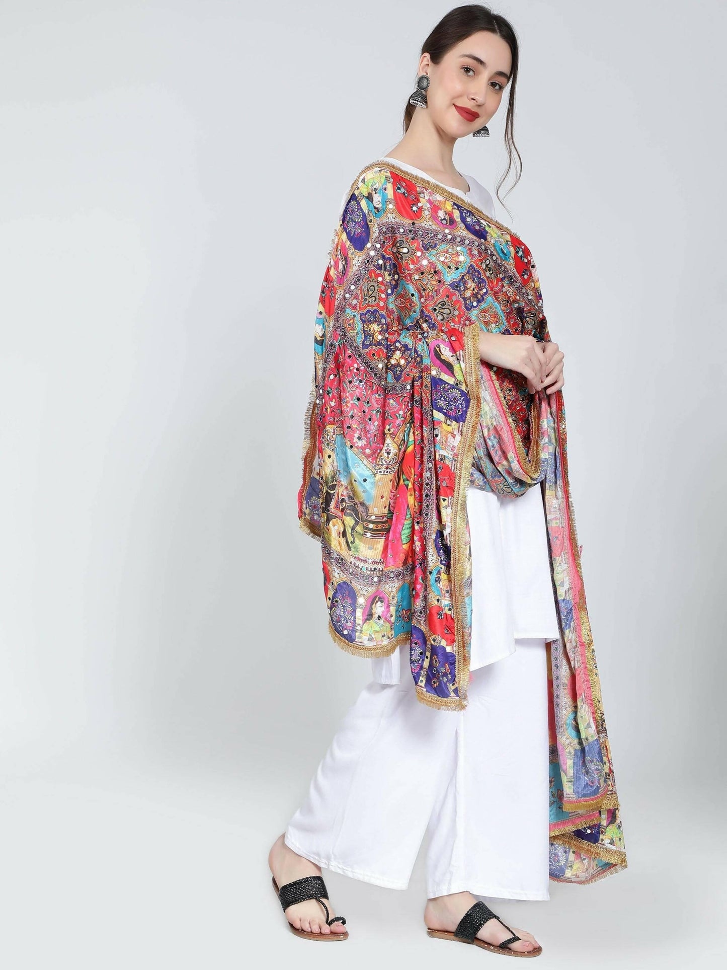 Chiffon Digital Print Pakistani Dupatta with Heavy Mirror Work For Women (Multicolour) - HalfPe