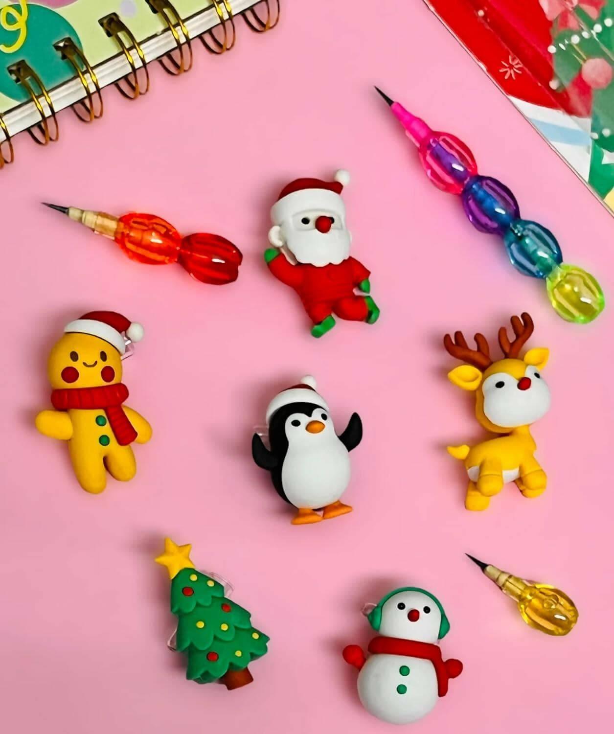 Le Delite Santa Claus Christmas Tree Reindeer Snowman Xmas Theme Combo of 6 Erasers & 1 Rainbow Pencil - HalfPe