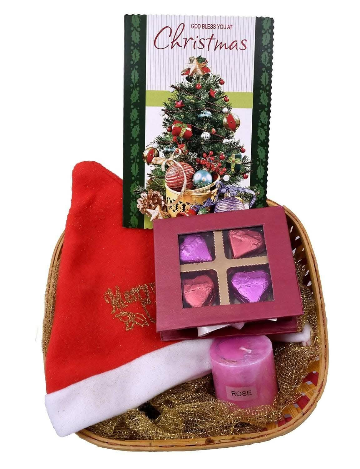 MANTOUSS Christmas Gift Hamper-Chocolate in a Decorated Box + scenetd Candle + Christmas Card + Santa Cap - HalfPe