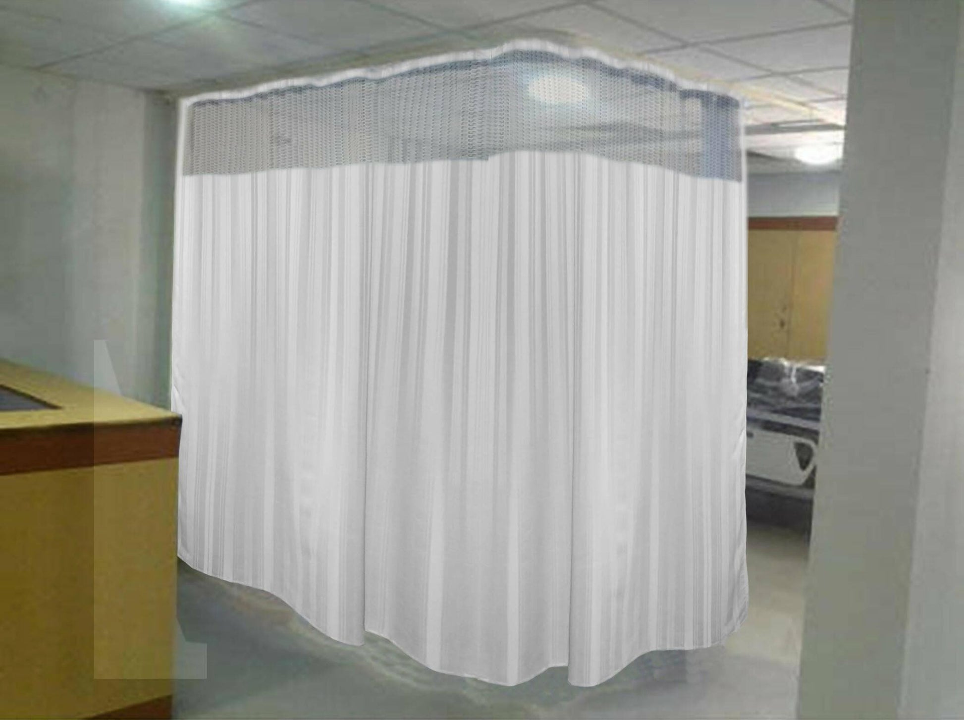 Hospital Partition Curtains, Clinic Curtains Size 18 FT W x 7 ft H, Channel Curtains with Net Fabric, 100% polyester 36 Rustfree Metal Eyelets 36 Plastic Hook, White, Stripes Design (18x7 FT) - HalfPe