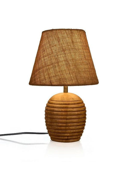 Striped Wooden Brown Lamp With Brown Jute Shade - HalfPe