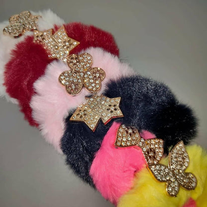 SENECIO Multi Shape Crystal Studded Fluffy Fur Soft Multicolor Rubber Band Hair Tie Scrunchies (Pack of 12) - HalfPe